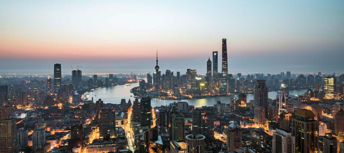 Aerial view of Shanghai China in the evening 