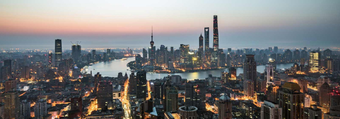 Aerial view of Shanghai China in the evening 