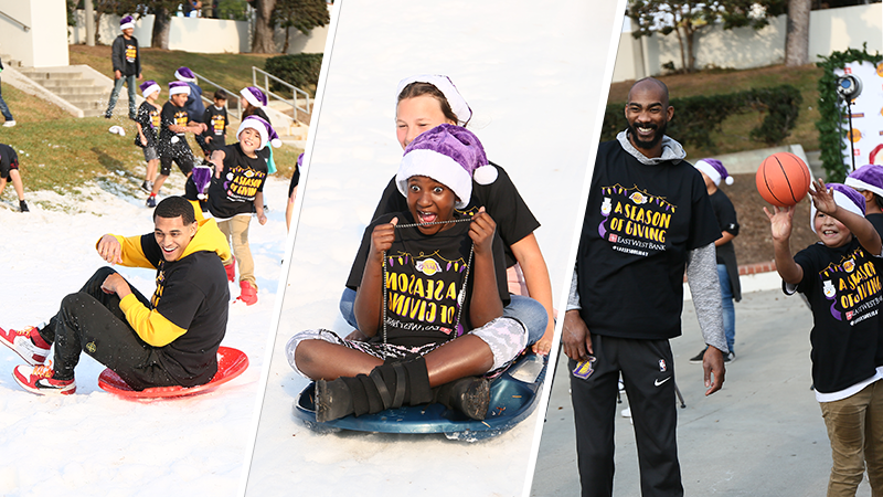 Students enjoy a day of play in the snow, holiday treats, and games with the Lakers players.